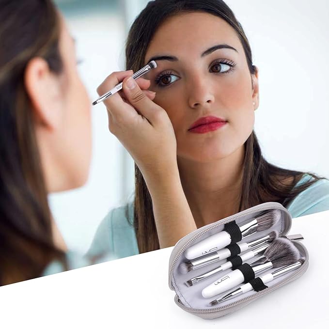 Travel Makeup Brushes Set w/Pouch, 5PCS Double Ended Portable Mini Cosmetic Brushes Kit for Foundation, Eyeshadow, Lip, Blush Make Up Brushes Professional(White)-BrightBean Baby