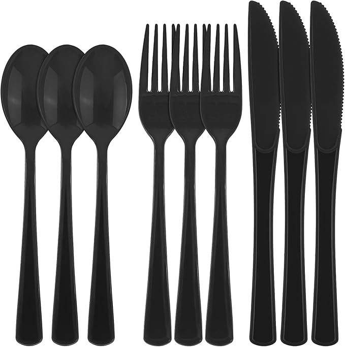 300 Pieces Black Plastic Silverware Heavy Duty Plastic Cutlery Set Heavyweight Disposable Flatware Includes Spoons Forks Knifes for Birthday Party Prom Night Wedding Dinner