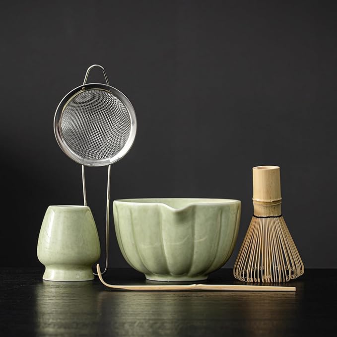 Matcha Whisk Set, Matcha Set Includes Ceramic Matcha Bowl, Bamboo Whisk, Scoop, Chasen Holder, Sifter, 5 Pcs Perfect Matcha Kit for Macha Lover (Mottled Green)