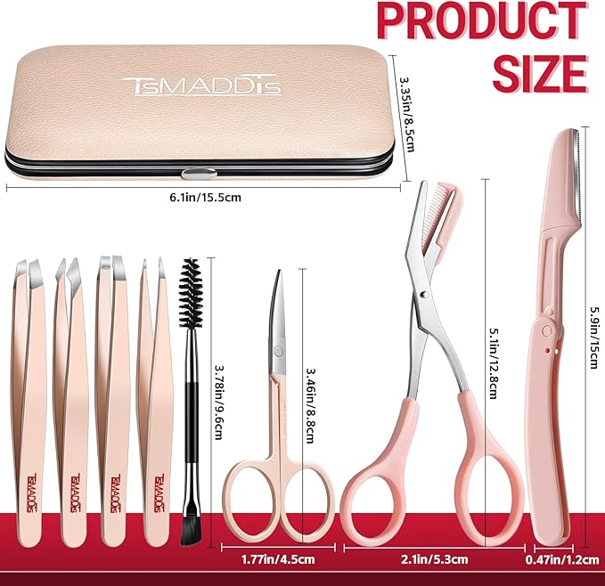 TsMADDTs Tweezers for Women Facial Hair, 8 in 1 Eyebrow Kit with Tweezers, Eyebrow Trimmer Scissors, Razor, Brush with Travel Bag, Hair Plucking Daily Beauty Tools-BrightBean Baby