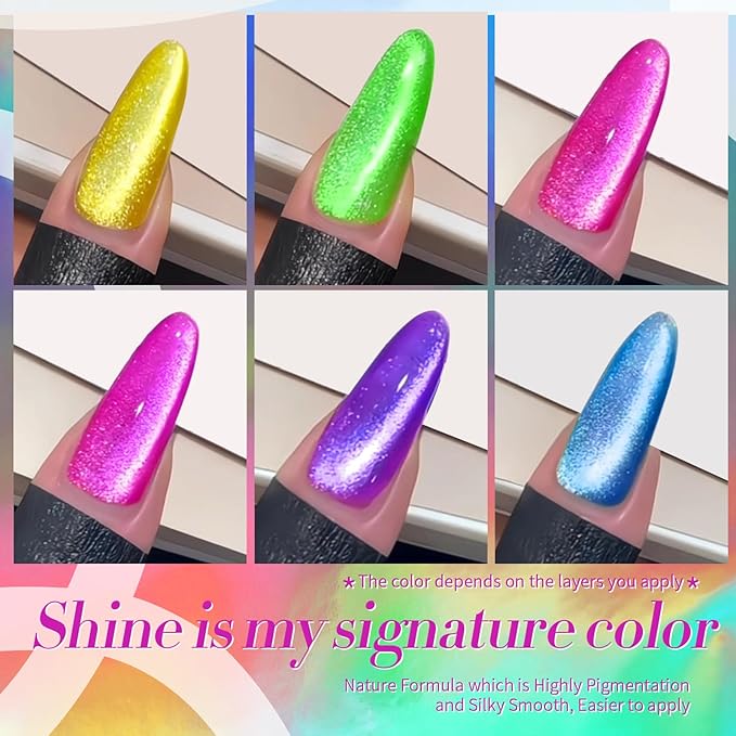 Born Pretty Cat Magnetic Eye Gel Nail Polish Spring Summer Neon Shimmer Glitter Holographic Cat Magnetic Eye Gel Crystal Glass Cat Magnetic Gel Polish Nail Art Manicure DIY at Home 6PCS-BrightBean Baby