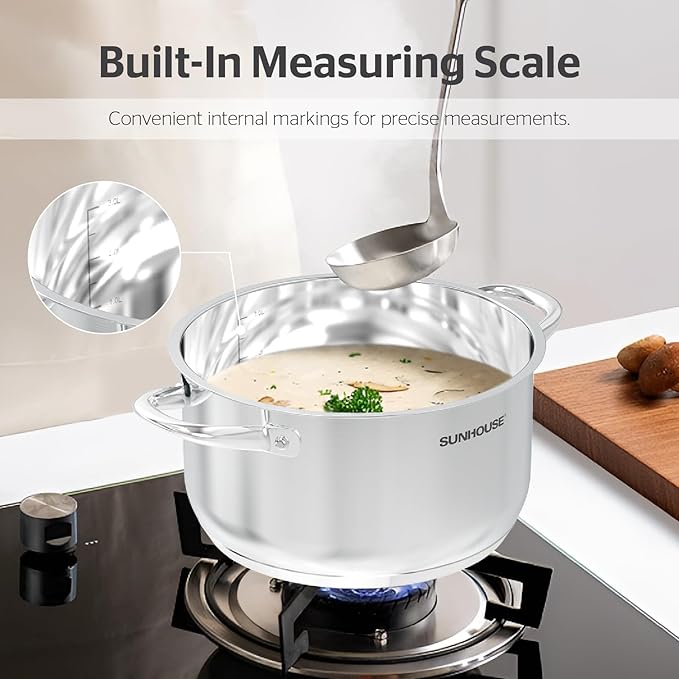 SUNHOUSE 8 Quart Stock Pot with Lid - Tri-Ply Stainless Steel Large Capacity Pot
