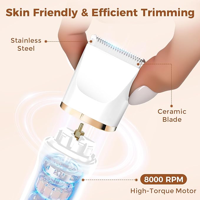 Bikini Trimmer for Women, 5-in-1 Waterproof Electric Razors for Women, Rechargeable Pubic Hair Trimmer, Electric Shaver with Travel Pouch, Body Shaver for Private Area Underarm Leg Face Nose, White-BrightBean Baby