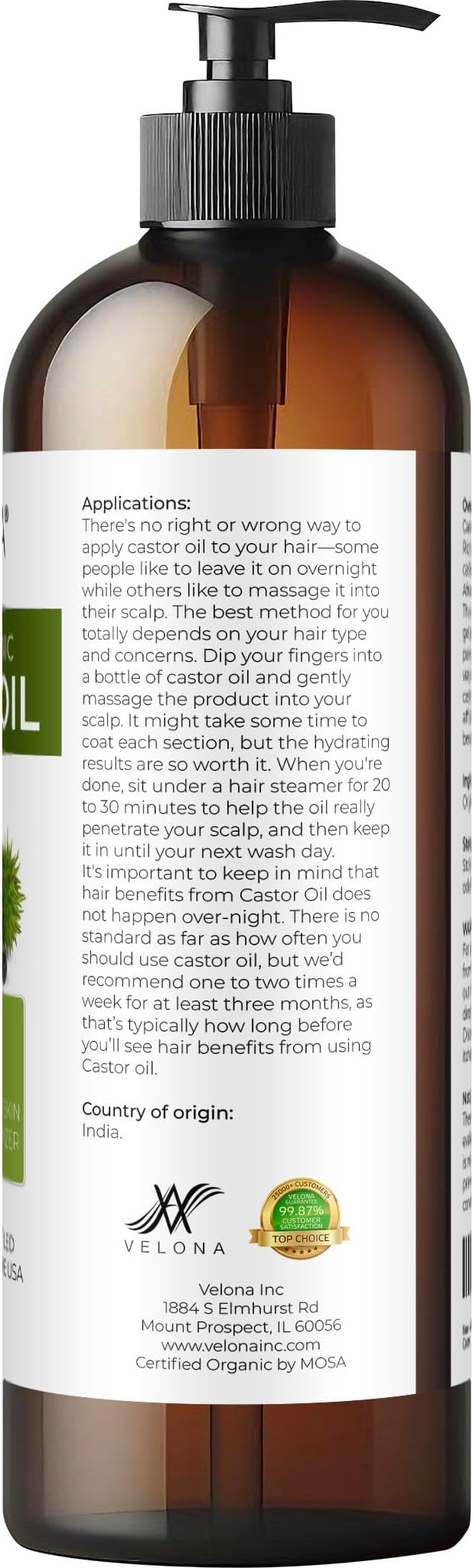 velona USDA Certified Organic Castor Oil - 16 fl oz (With Pump) | For Hair Growth, Boost Eyelashes, Eyebrows | Cold pressed, Natural Oil, USP Grade | Hexane Free, Lash Serum, Caster-BrightBean Baby