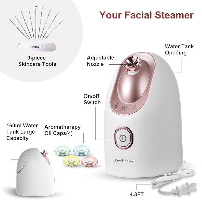 Newbealer Facial Steamer, Mini Aroma Face Steamer, Nano Ionic Hot Mist Face Humidifier for Facial Deep Cleaning, Home Sauna Spa Sprayer with 9 Pieces Acne Remover Kit (White-Gold, 160 ML)-BrightBean Baby