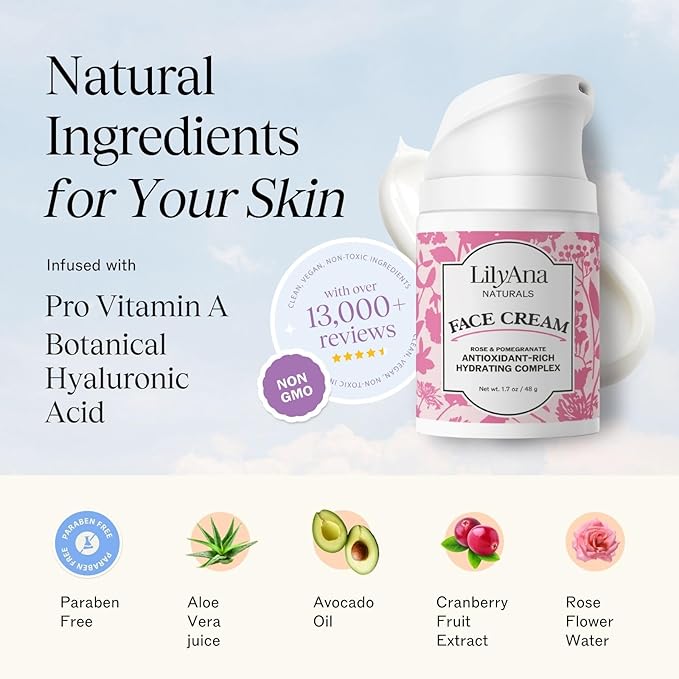 LilyAna Naturals Face and Neck Moisturizer for Women and Men - Moisturizer Face and Neck Cream for Dry Skin and Dark Spot Brightening - Rose and Pomegranate Extracts - 1.7oz-BrightBean Baby