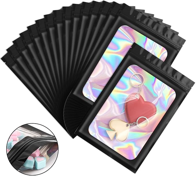 100 Pieces Smell Proof Mylar Bags, Holographic Packaging Bags, Resealable Odor Foil Pouch Zipper Bag with Clear Window for Food Storage and Lipgloss, Jewelry Lash (Black, 4 x 6 Inch)-BrightBean Baby