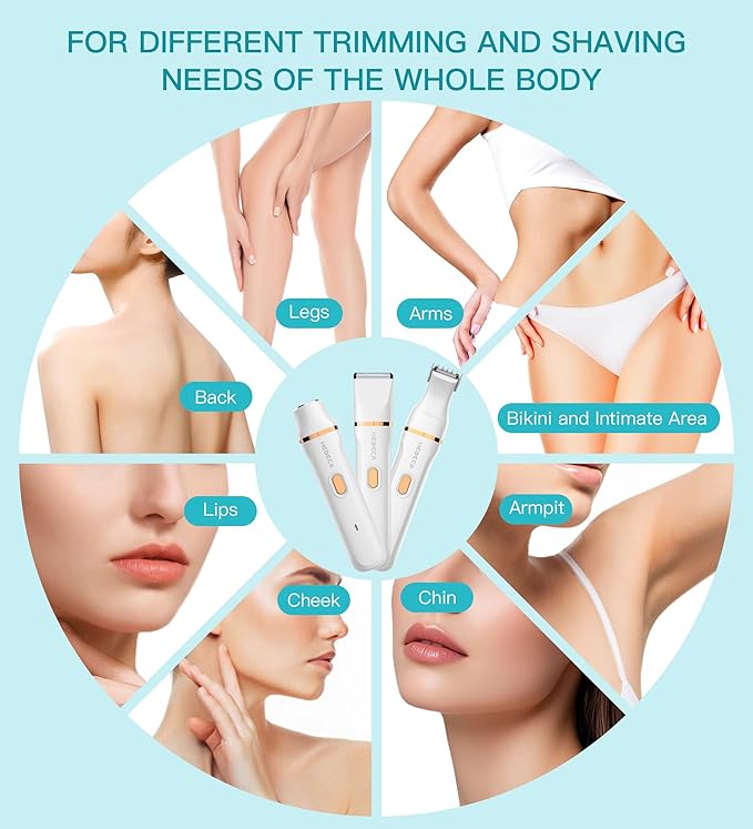 Bikini Trimmer for Women, 3in1 Electric Razor for Women with Facial Trimmers & Intimate Shaver for Sensitive Skin, Waterproof Wet & Dry Use Rechargeable Pubic Hair Trimmer Removal-BrightBean Baby