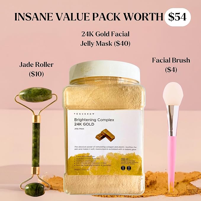VogueNow Jelly Face Mask for Facials - 24K Gold Hydrating, Brightening & Nourishing Jelly Mask with Free Jade Roller & Spatula | Professional Hydrojelly Masks | Vajacial Jelly Mask Powder | 23 Oz Jar-BrightBean Baby