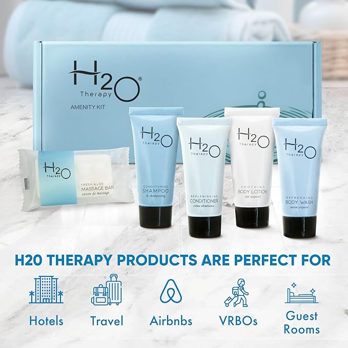 H2O Therapy Amenity Kit | Boxed Hotel Toiletries | Bulk Set 0.85 oz Travel Size Shampoo, Conditioner, Lotion, Body Wash & Body Bar Soap for Guest Hospitality AirBnB/Vacation Rentals | 1 set per case-BrightBean Baby