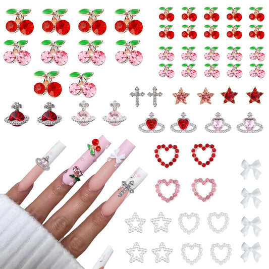 60Pcs Nail Charms Rhinestone Red Pink Cherry Nail Art Gems Star Heart Planet Nail Jewelry Decorations Saturn Shape Acrylic Nail Accessories for Women Girl DIY Crafts Supplies-BrightBean Baby