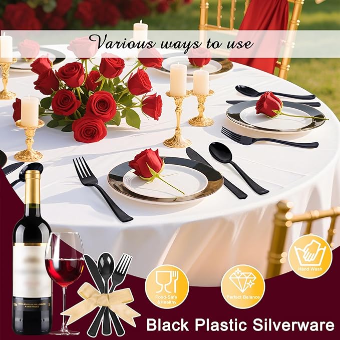 Supernal 300 Pieces Black Plastic Silverware Disposable Cutlery Black Disposable Silverware Heavy Duty Plastic Cutlery Set 100 Forks 100 Knives 100 Spoons for Wedding Party Supplies Everyday Use