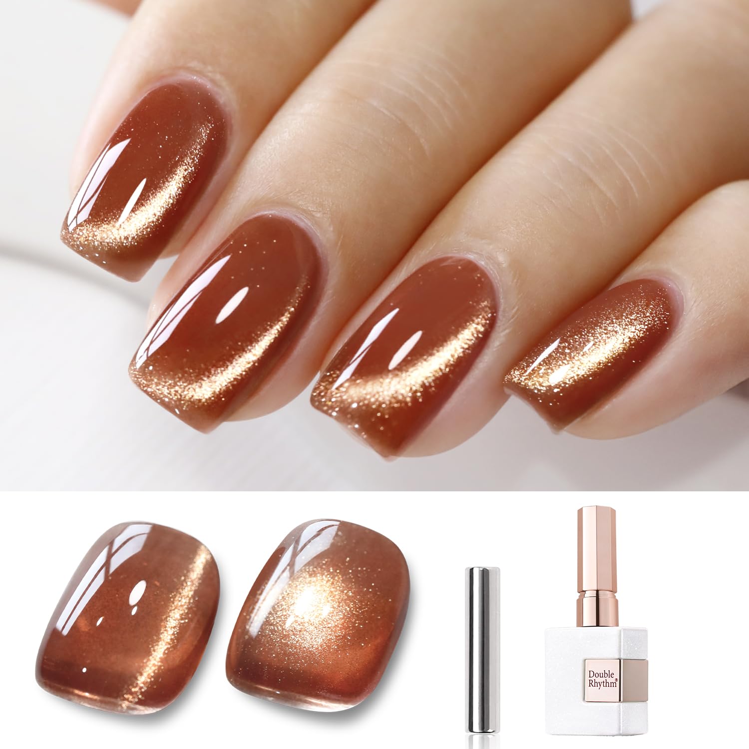 Double Rhythm 15ML Ice Glass Cat Eye Gel Polish with Magnet Holographic Glitter Shimmer Translucent Sheer Color Salon Soak Off Magnetic Nail at Home (Tea Gold-MC1123)-BrightBean Baby