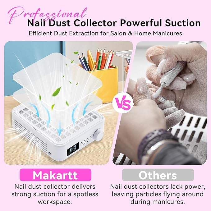 Makartt Professional Nail Dust Collector – Powerful Dust Collector Nail Tech Quite Suction Machine for Acrylic Nails Manicure & Pedicure Salon & Home Use Includes 10pcs Filters & Dust Brush-BrightBean Baby
