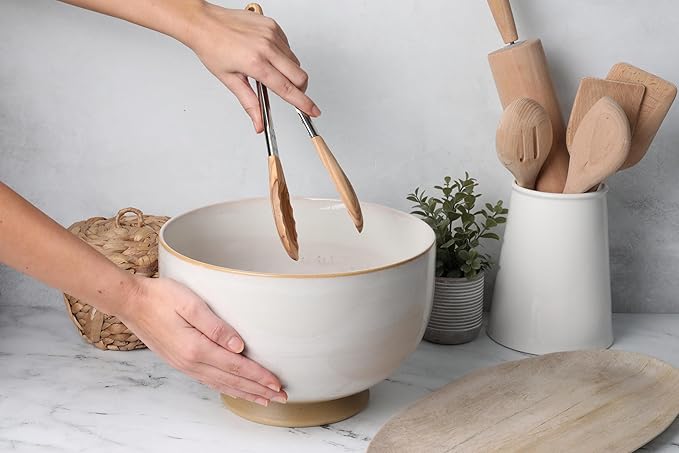 Salt & York Wooden Tongs Kitchen Long handle with non-Slip Grip for Cooking, Salad, Serving Food, Grilling - 11 Inch - Set of 1 (Olive)