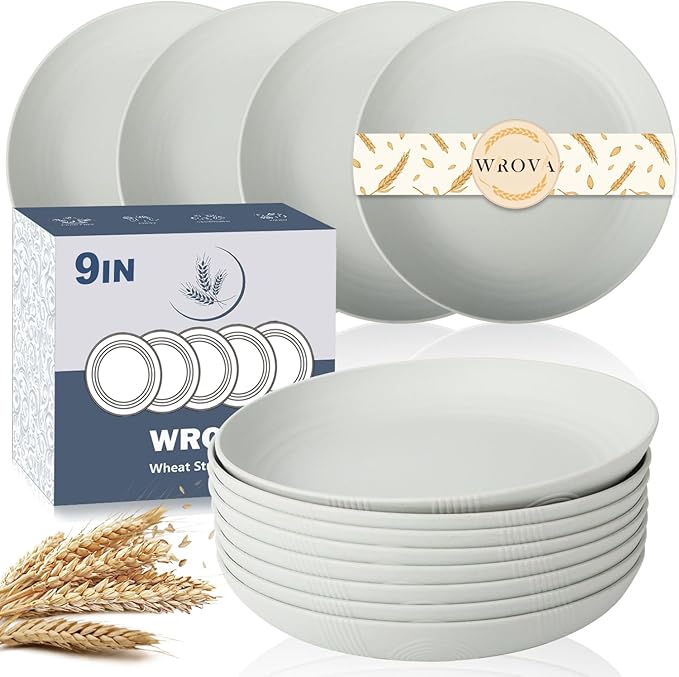 Wrova Wheat Straw Plates - 9 Inch Unbreakable Dinner Plates Set of 8 - Dishwasher & Microwave Safe Plastic Plates Reusable for kitchen and camping (light grey)