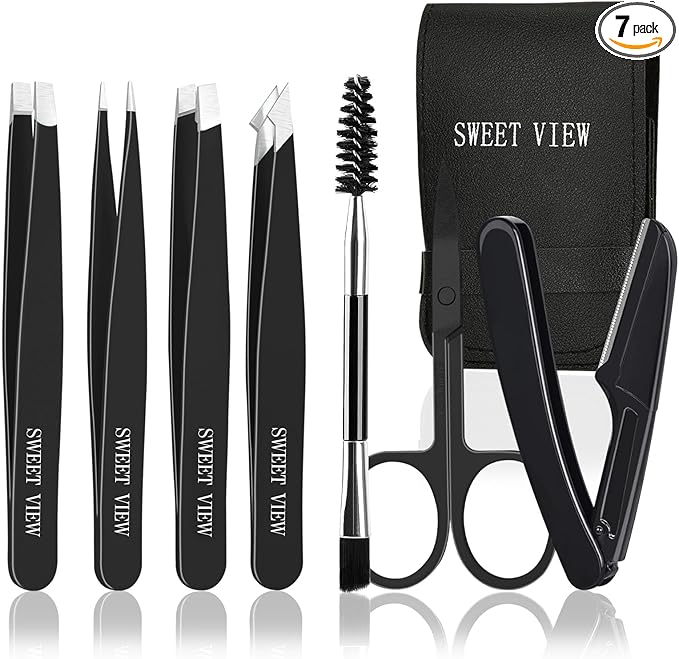 7pcs Eyebrow Tweezers Kit for Women Precision Plucker with Brow Scissors & Razor & Spoolie for Facial, Chin, Brow, Splinter and Ingrown Hair-BrightBean Baby