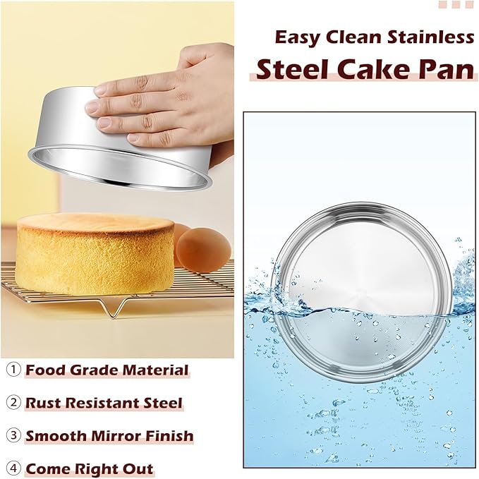 LIANYU 6 Inch Round Cake Pan, Stainless Steel Baking Layer Cake Pan Tin, Heavy Duty Metal Round Tier Baking Tins, 2In Tall, Oven & Dishwasher Safe