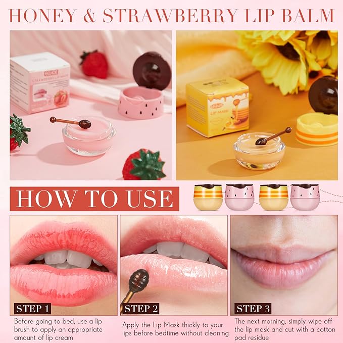 12 Pcs Bee Lip Balm Honey Pot with Brush Propolis Lip Mask Overnight, Moisturizing Hydrating Lip Sleeping Mask Prevention Dry and Cracked(Honey+Strawberry)-BrightBean Baby