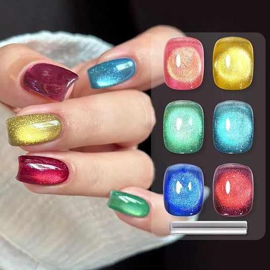 Born Pretty Cat Magnetic Eye Gel Nail Polish Spring Summer Neon Shimmer Glitter Holographic Aurora Rainbow Cat Magnetic Gel Polish Nail Art Manicure DIY at Home 6PCS-BrightBean Baby