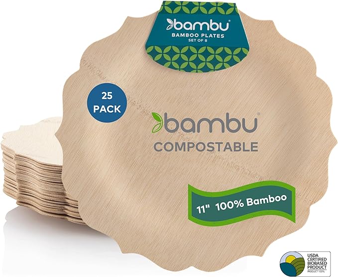 Bambu Pack of 25-11 Inch Disposable Bamboo Plates Fancy, Biodegradable Eco Friendly Products, Bamboo Disposable Plates for Party, Weddings, and Events, Great For Any Occasion, Compostable Plates