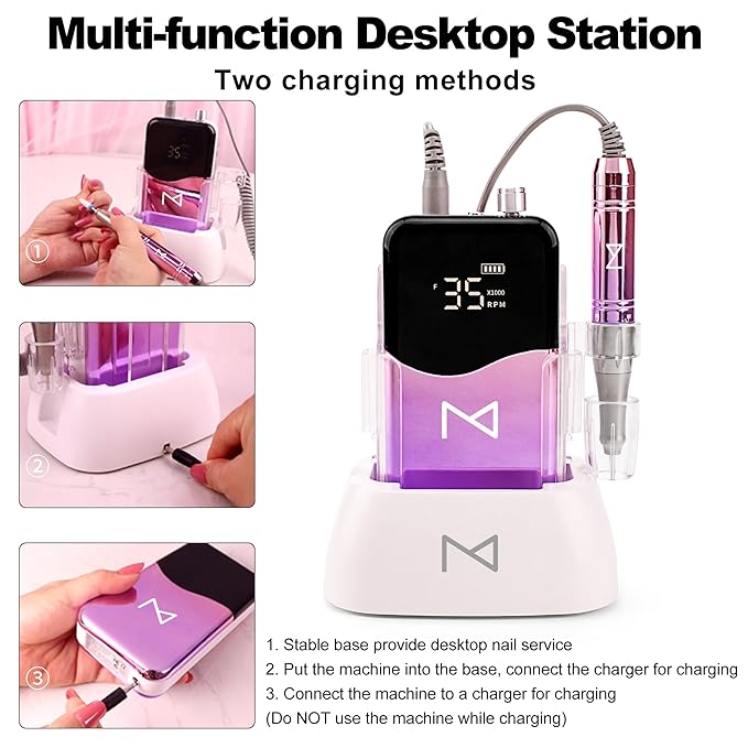 M Mase- Professional Nail Drill Machine - Coreless 2-in-1 Nail File - Electric, Cordless, 35000 RPM, HD Display - Electric Nail Drill for Professional & Home Use (Pink Gold)-BrightBean Baby