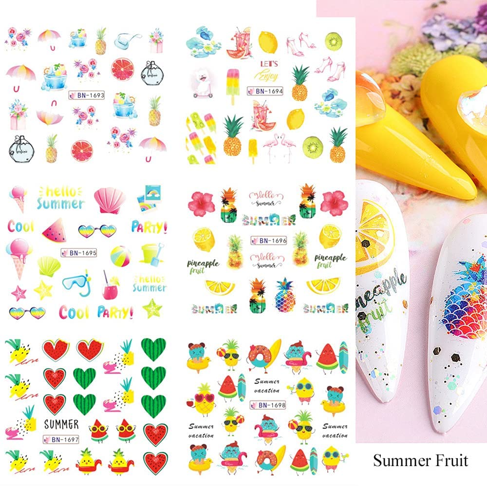 Summer Nail Art Stickers Decals, 12 Sheets of Fruit Hawaii Design Water Transfer Nail Slider Tattoos Holographic Colorful Pineapple Watermelon Pattern Acrylic Nail Art for Summer DIY Nail Decoration-BrightBean Baby