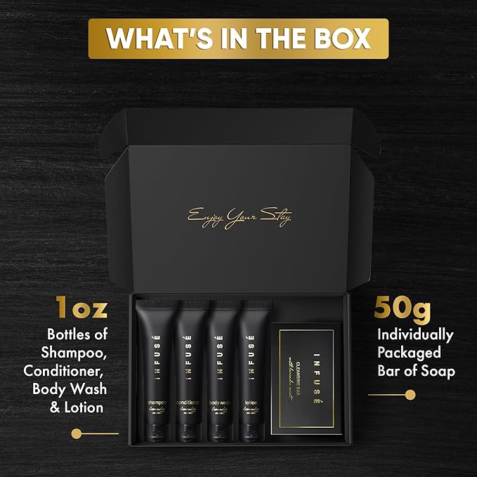 Infuse Black Amenity Kit | Boxed Hotel Toiletries | Bulk Set 1 oz Travel Size Shampoo, Conditioner, Lotion, Body Wash & Cleansing Bar for Guest Hospitality AirBnB/Vacation Rentals | 1 set per case-BrightBean Baby
