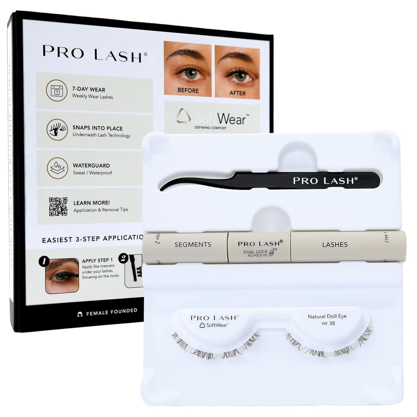 Pro Lash SoftWear Clean Girl Mini Lash Clusters Kit - Natural-Looking, Lightweight Lashes - 7-Day Cluster Eyelash Extensions - False Eyelashes Plus Adhesive and Tweezers - Doll Eye No. 38-BrightBean Baby