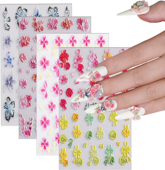 4 Sheets 5D Flower Nail Art Sticker Stereoscopic Floral Self-Adhesive Nails Stickers Blossom Nail Art Decals Holographic Flowers Decal for Women Pink Blue Red Manicure Stickers DIY Nails Supplies-BrightBean Baby