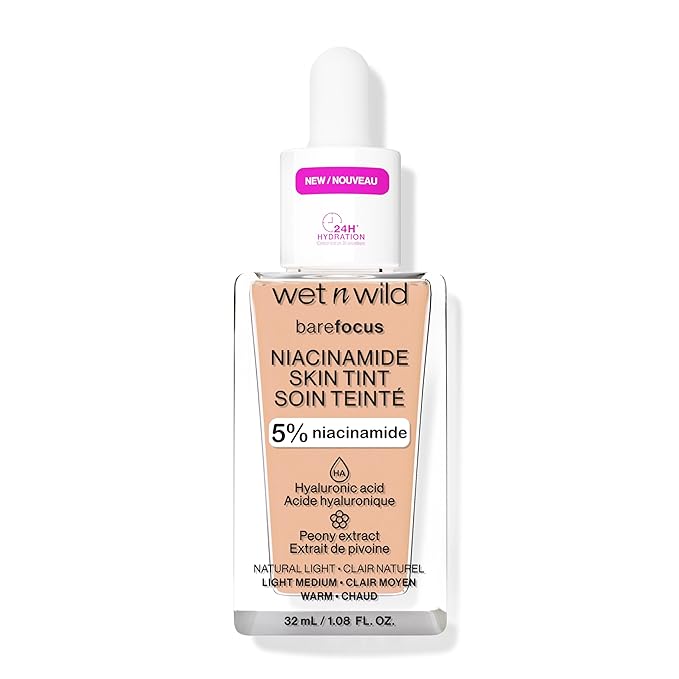 wet n wild Bare Focus Skin Tint, 5% Niacinamide Enriched, Buildable Sheer Lightweight Coverage, Natural Radiant Finish, Hyaluronic & Vitamin Hydration Boost, Cruelty-Free & Vegan - Light-BrightBean Baby