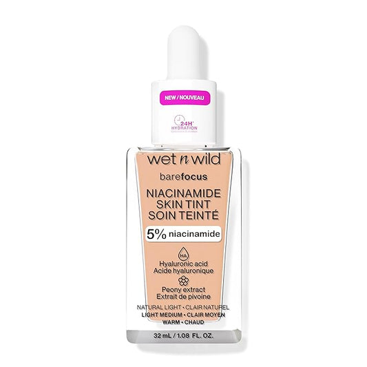 wet n wild Bare Focus Skin Tint, 5% Niacinamide Enriched, Buildable Sheer Lightweight Coverage, Natural Radiant Finish, Hyaluronic & Vitamin Hydration Boost, Cruelty-Free & Vegan - Light-BrightBean Baby