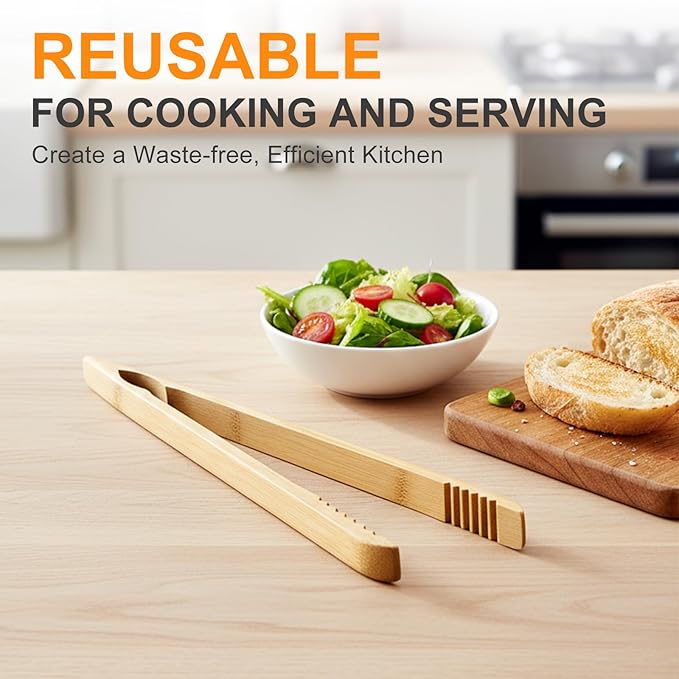 2 Pack Premium Bamboo Toaster Tongs, 10 Inches Natural Wooden Tongs with Serrated Tips for a Secure Grip on Toast, Bagels, Pastries, and Salads, Reusable for Cooking & Serving