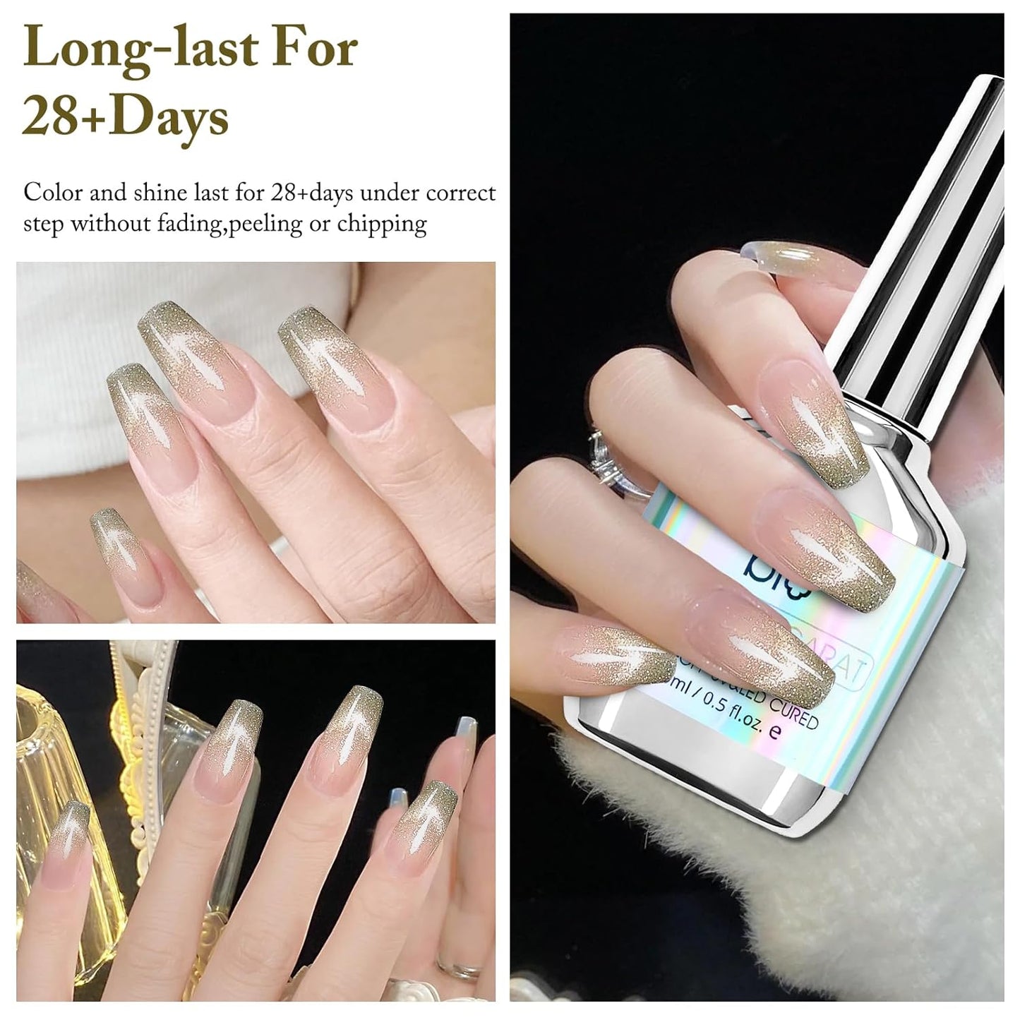 Cat Eye Gel Nail Polish with Magnet Stick, 15ml Glitter Holographic Nail Polish, Magnetic Effect Gel for Home DIY Manicure Gift, Brown Gold-BrightBean Baby