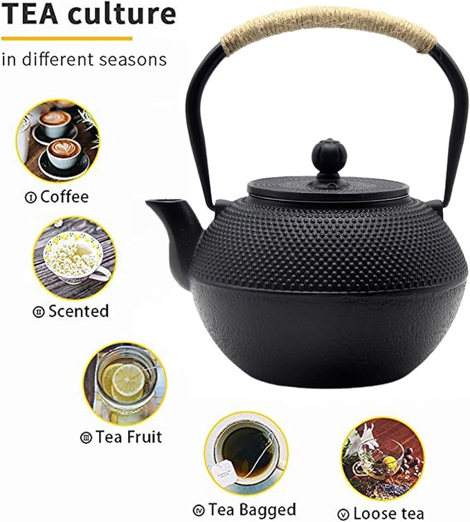 YJX Cast Iron Tea Pot Set, Japanese Tetsubin, 40.6oz Tea Kettle for Stovetop, Black Teapot with Stainless Steel Infuser for Loose Leaf Tea, 1200ml Small Asian Tea Set with Teacups