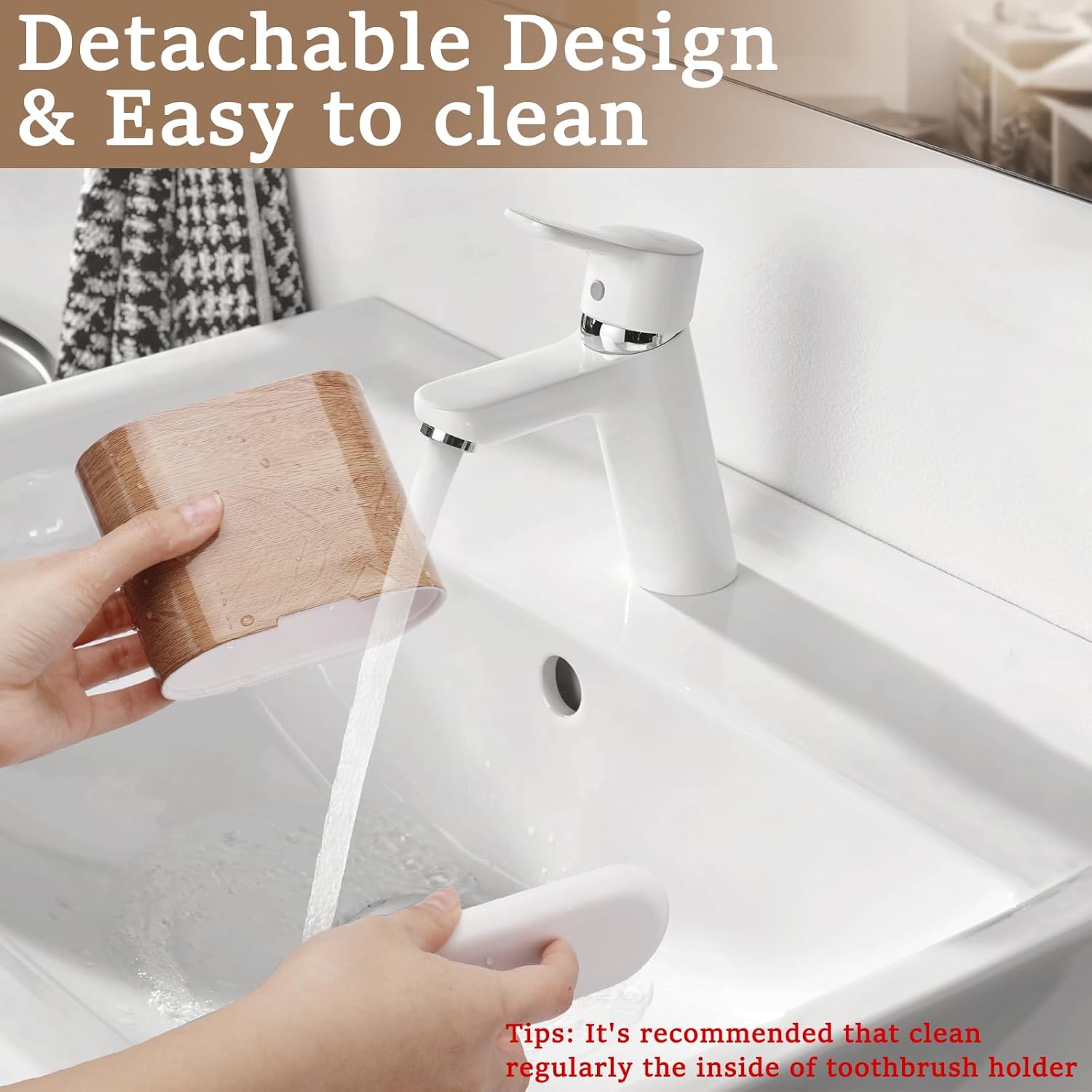 Toothbrush and Toothpaste Holder with Divider for Bathroom Countertop Organizer, 2 Slots Electric Toothbrush Holders Storage Caddy Drainage for Family, Kids(Wood Grain)-BrightBean Baby