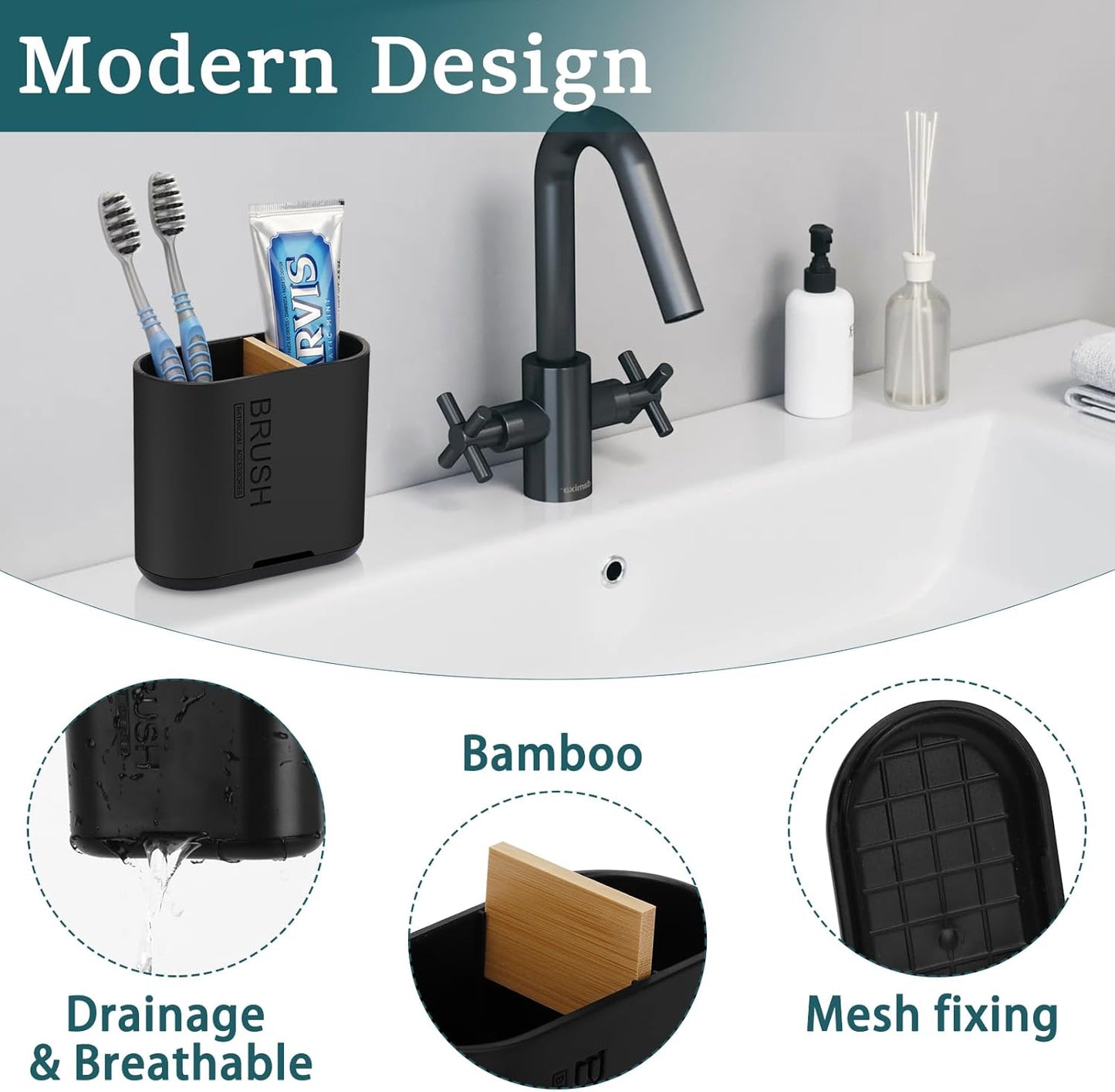 Toothbrush and Toothpaste Holder with Bamboo Divider for Bathroom Countertop Organizer, Detachable for Easy Clean, 2 Slots Electric Toothbrush Holders Storage Caddy Drainage for Family-Black-BrightBean Baby
