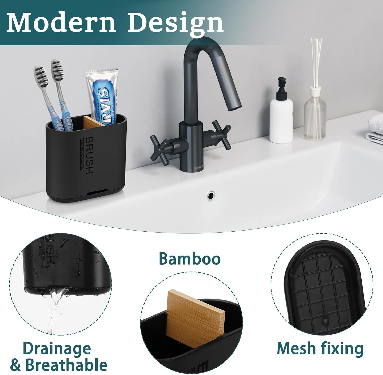 Toothbrush and Toothpaste Holder with Bamboo Divider for Bathroom Countertop Organizer, Detachable for Easy Clean, 2 Slots Electric Toothbrush Holders Storage Caddy Drainage for Family-Black-BrightBean Baby