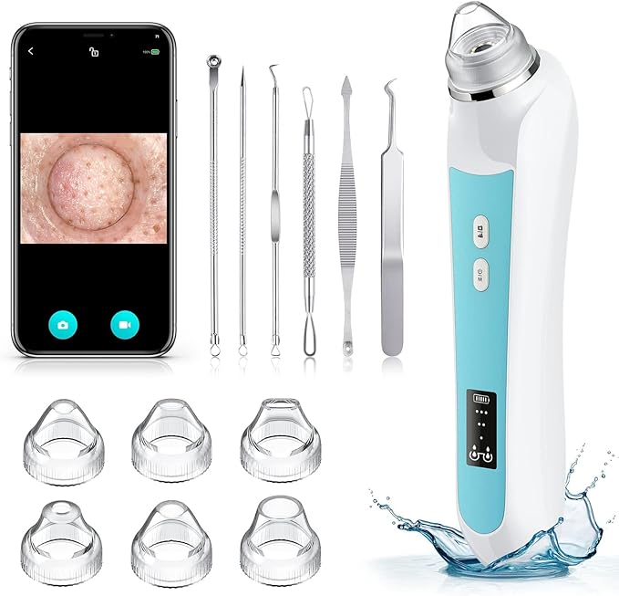 Facial Pore Blackhead Remover Vacuum, 1080P Camera Blackhead Remover, 20x Zoom, 8 LEDs ＆ 3 Suction Modes, 800mAh Battery & USB - 6 Heads Pore Cleaner Kit for Women&Men(Blue)-BrightBean Baby