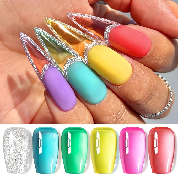 Born Pretty Jelly Gel Nail Polish Set Spring Summer Crystal Glass Translucent Pastel Sheer Gel Polish Pink Green Blue Red Yellow Silver Shiny Glitter Gel Nail Polish Nail Art Gel DIY Gift 6PCS-BrightBean Baby