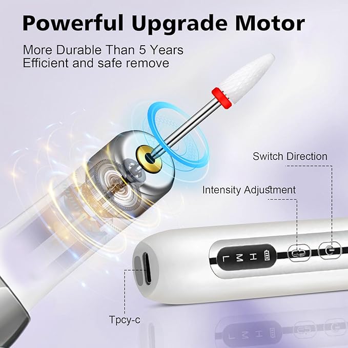 Electric Nail Drill File Cordless,Portable Rechargeable Nail File Kit for Acrylic & Gel Nails,Professional Efile for Manicure Pedicure Polishing,with 12 Nail Drill Bits 31 Sanding Bands,White-BrightBean Baby