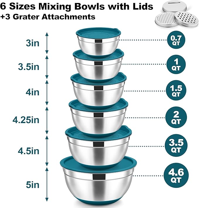 TeamFar Mixing Bowls, 6 PCS Stainless Steel Nesting Salad Bowl with Lids & 3 Graters, For Kitchen Cooking Serving Prepping, Airtight & Non-Slip, Size 4.6/3.5/2/1.5/1/0.7 QT, Blue