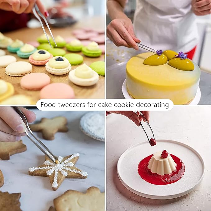 6.3 Inch Food Tweezers Stainless Steel with Precision Serrated Tips, 5PCS Kitchen Tweezers Set for Cooking, Baking, Cookie Cake Decoration, Metal Plating Tweezers