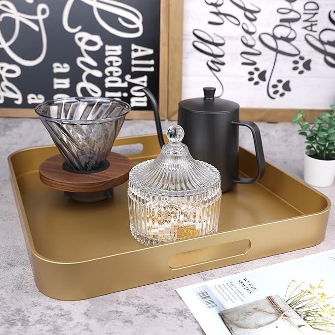 Square Gold Decorative Serving Tray with Handles, Versatile Ottoman Tray for Coffee Table, Entertaining, Outdoor Patio, Living Room, 13”*13”*1.6”