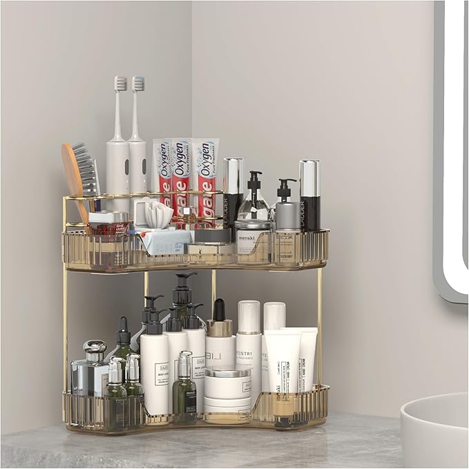 Corner Bathroom Counter Organizer with Top Toothbrush Holders, 2-Tier Make Up Organizers for Vanity with Brush Holder, Corner Storage for Bathroom, Kitchen, Dresser-BrightBean Baby