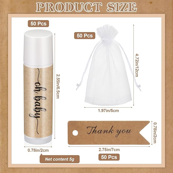 50 Sets Baby Shower Lip Balm Favor with Thank You Tags and Organza Bags, Lip Balm Bulk Baby Shower Gifts for Guests Prizes Gender Reveal Souvenirs Neutral Birthday Supplies-BrightBean Baby