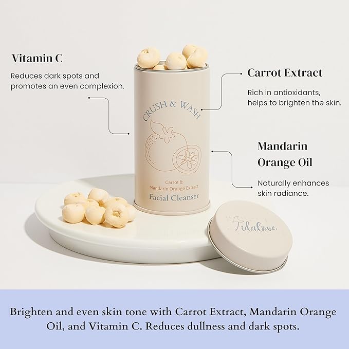 3-in-1 Solid Facial Cleanser, Exfoliator, and Wash-off Mask - Vegan, Cruelty-Free, Plastic-Free, Travel-Friendly, 1 Month Supply (60 Crushable Tablets) in Tin (Brightening Beans in Tin)-BrightBean Baby