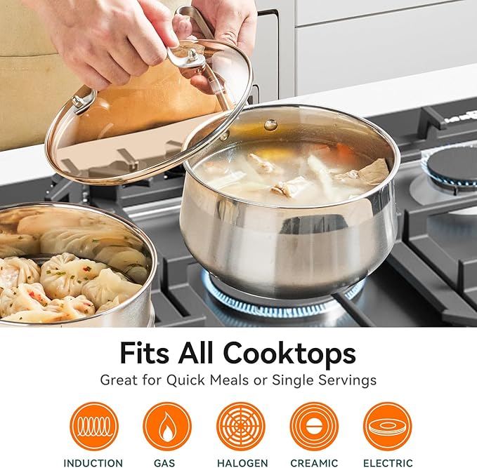 WANGYUANJI 2.5-Quart Stainless Steel Saucepan with Steamer Basket, 2-in-1 Pot & Steamer, Tri-Ply Base, Tempered Glass Lid, Induction Compatible