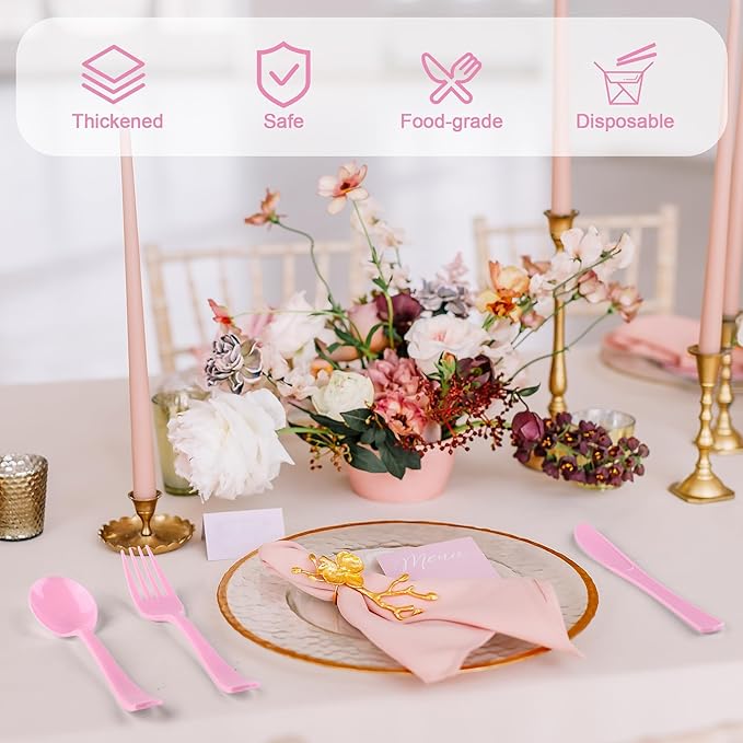 300 Pieces Light Pink Plastic Silverware Heavy Duty Plastic Cutlery Set Heavyweight Disposable Flatware Includes Spoons Forks Knifes for Birthday Party Prom Night Wedding Dinner
