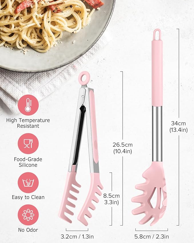 Spaghetti Spoon and Pasta Tong, Non-stick Silicone Spoon Server Fork With Teeth and Stainless Steel Handle, Food Clip for Noodles, Pink